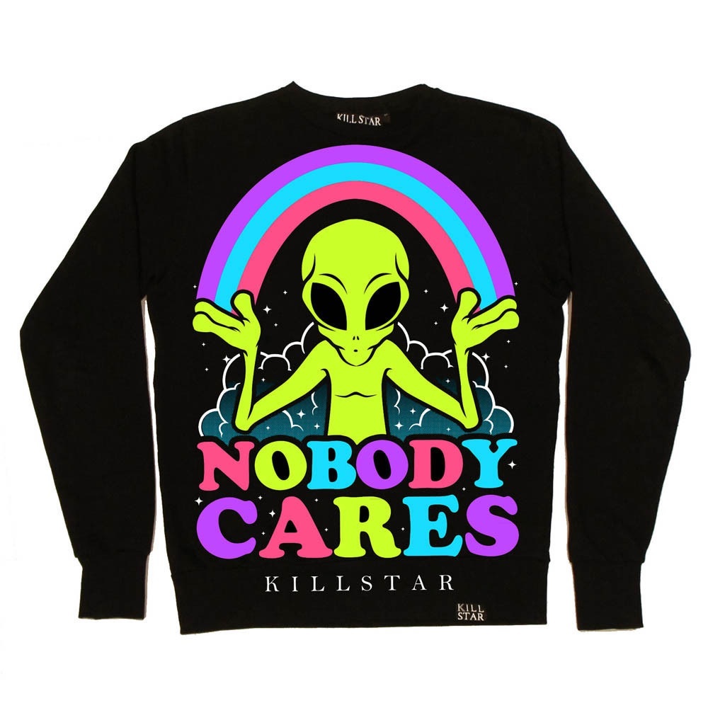 Killstar Nobody Cares Alien Rainbow Sweatshirt XL Goth Grunge Pastel Goth
